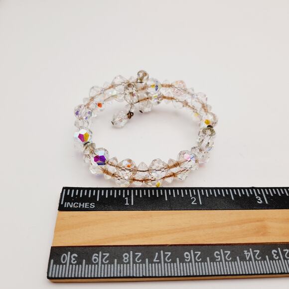 Vintage 1950s Clear Aurora Borealis Crystal Bracelet – Two Strand Memory Wire - Picture 8 of 9